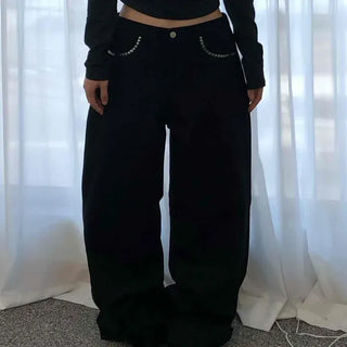 Loose Fit Studded Zipper Wide Daily Long Pants