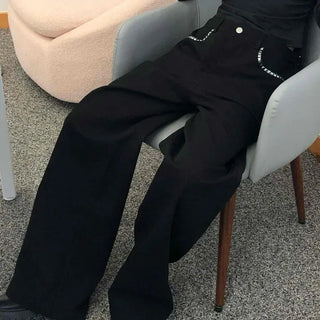 Loose Fit Studded Zipper Wide Daily Long Pants