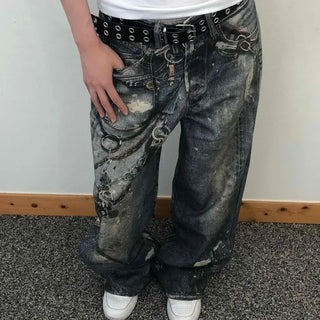 Loose-fit Washed Chain Pendant Wide Long Pants