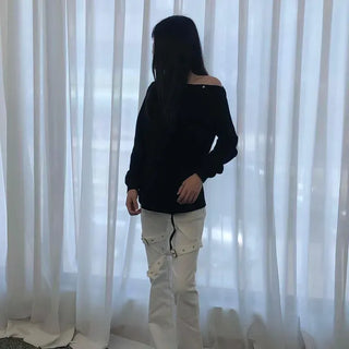 Loose Fit Plain Eyelet String Cutout Daily Sweatshirt