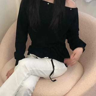 Loose Fit Plain Eyelet String Cutout Daily Sweatshirt