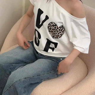 Loose-fit Lettering Off-shoulder Daily Short-sleeve T-shirt