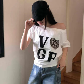 Loose-fit Lettering Off-shoulder Daily Short-sleeve T-shirt