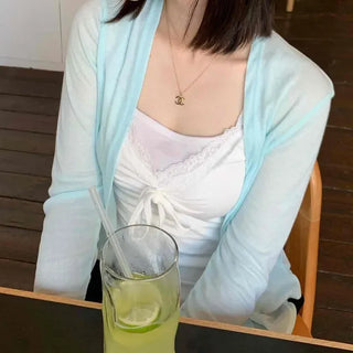 Slim Fit Plain Button Sleeveless Long Sleeve Daily Cardigan Set