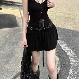 Shirred Button Strap Sleeveless Daily Mini Dress