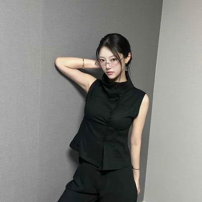 Semi-fitted Plain Button Cut Button-down Sleeveless Vest