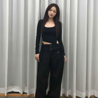 Loose-fit Zipper Wide Daily Long Pants