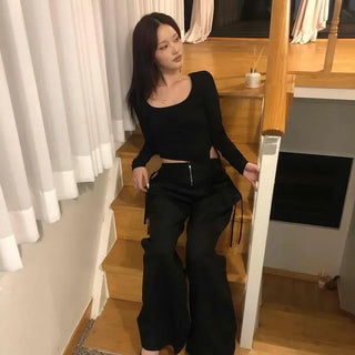 Loose-fit Zipper Wide Daily Long Pants