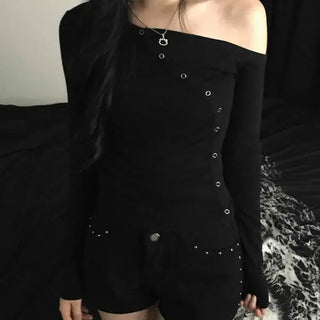 Side Diagonal Eyelet Long Sleeve T-shirt