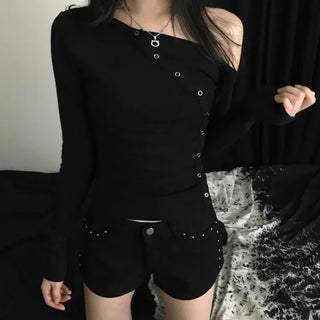 Side Diagonal Eyelet Long Sleeve T-shirt