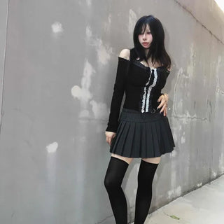 Striped Buckle Eyelet Flare Mini Skirt