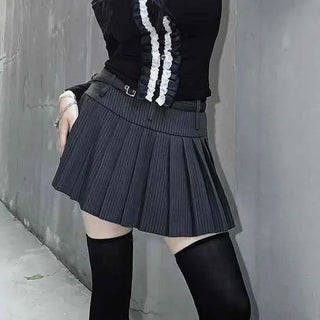Striped Buckle Eyelet Flare Mini Skirt