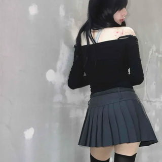 Striped Buckle Eyelet Flare Mini Skirt