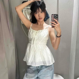 Shirred Ribbon Frill Strap Sleeveless Blouse