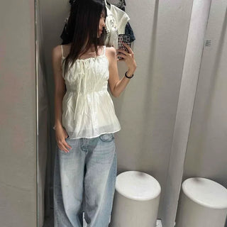 Shirred Ribbon Frill Strap Sleeveless Blouse