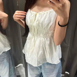 Shirred Ribbon Frill Strap Sleeveless Blouse