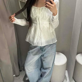 Shirred Ribbon Frill Strap Sleeveless Blouse