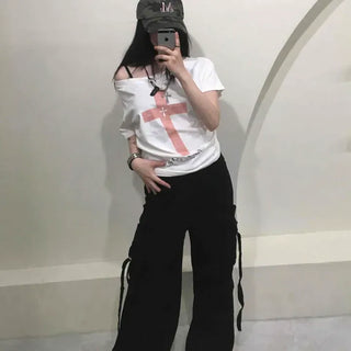 Loose Fit Lettering Cargo Pocket Flap Pocket Wide Cargo Long Pants