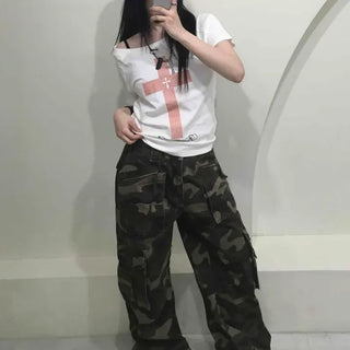Loose Fit Camo Cargo Pocket Wide Daily Long Pants