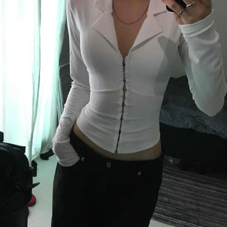 Slim Fit Plain Zipper Cross Wrap Long Sleeve Shirt