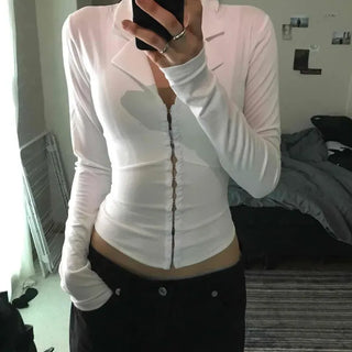 Slim Fit Plain Zipper Cross Wrap Long Sleeve Shirt