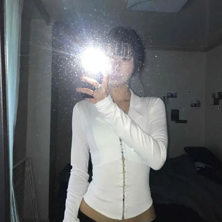 Slim Fit Plain Zipper Cross Wrap Long Sleeve Shirt