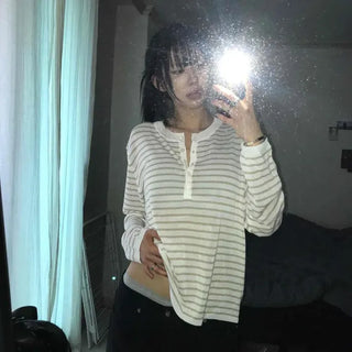 Loose Fit Striped Button Henley Neck Long Sleeve