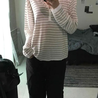 Loose Fit Striped Button Henley Neck Long Sleeve