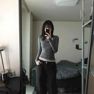 Regular Fit Plain Button Contrast Layered Long Sleeve T-shirt