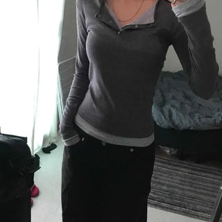 Regular Fit Plain Button Contrast Layered Long Sleeve T-shirt
