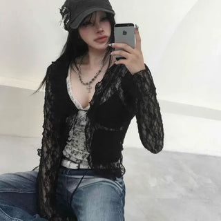 Frill See-through String Detail Long Sleeve T-shirt