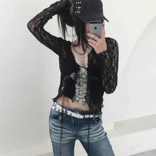 Frill See-through String Detail Long Sleeve T-shirt