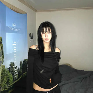 Slim Fit Plain Shirred Drape Long Sleeve T-shirt