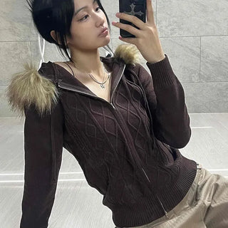 Cable knit fur hood trim zip-up