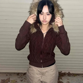 Cable knit fur hood trim zip-up