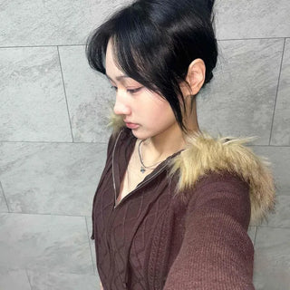 Cable knit fur hood trim zip-up