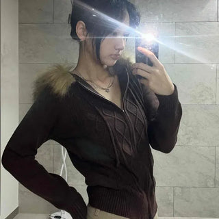 Cable knit fur hood trim zip-up