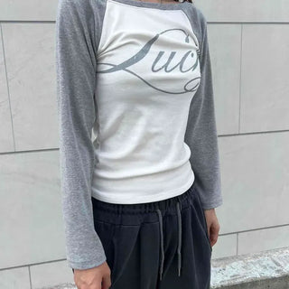Regular Fit Lettering Color Block Raglan Sleeve Daily Long Sleeve T-shirt