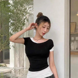 Slim Fit Plain Color Block Casual Daily Short Sleeve T-shirt