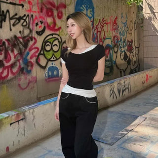 Slim Fit Plain Color Block Casual Daily Short Sleeve T-shirt