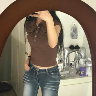 Slim Fit Plain Button Flap Pocket Zipper Short Sleeve T-shirt