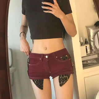 Slim Fit Leopard Print Button Contrast Layered Shorts
