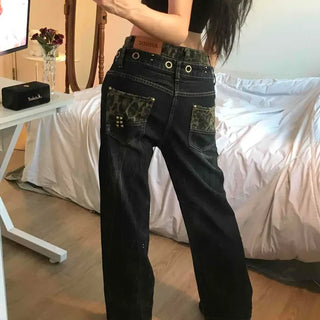 Loose-fit Leopard Eyelet Wash Color Block Wide Long Pants