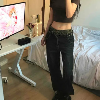 Loose-fit Leopard Eyelet Wash Color Block Wide Long Pants