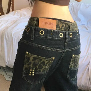 Loose-fit Leopard Eyelet Wash Color Block Wide Long Pants