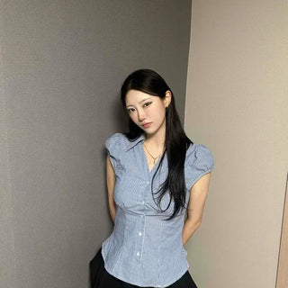 Fitted Striped Button-Down Cap Sleeve Shirt