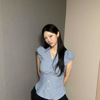 Fitted Striped Button-Down Cap Sleeve Shirt