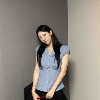 Fitted Striped Button-Down Cap Sleeve Shirt