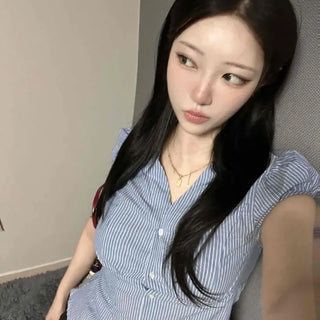 Fitted Striped Button-Down Cap Sleeve Shirt