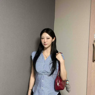 Fitted Striped Button-Down Cap Sleeve Shirt